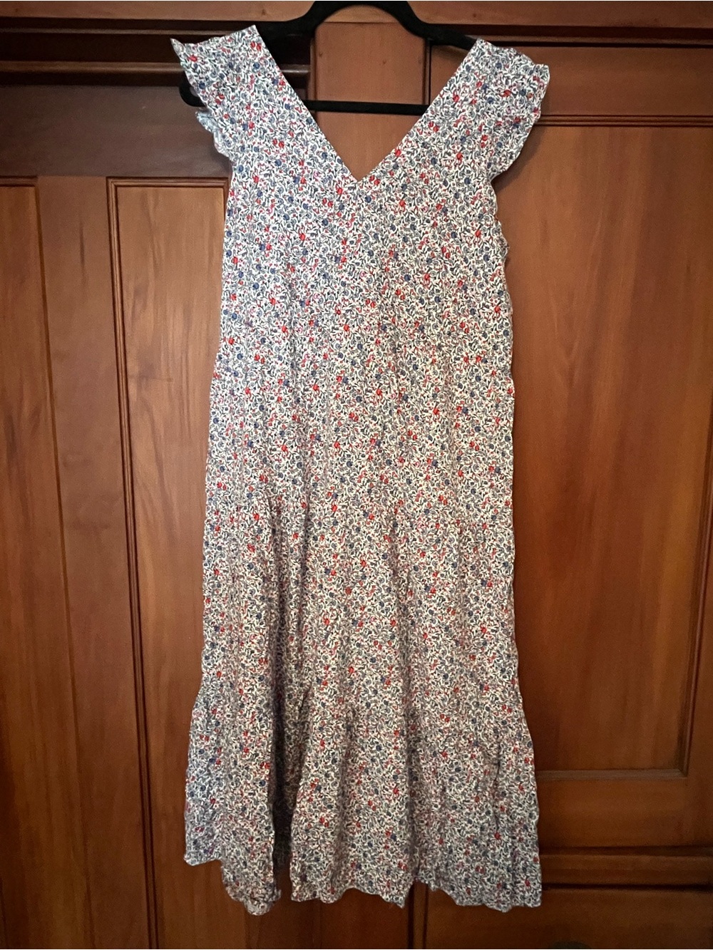 LOFT White Floral V-Neck Ruffle Sleeve Midi Dress